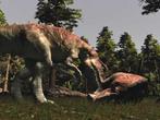 Jedes Gebiet in Gothic 3 wird von einem m&auml;chtigen Raubtier beherrscht. Hier labt sich ein ausgewachsener Snapper an einem Hornrammer.