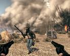Ein gegnerischer Posten fliegt in die Luft und stürzt in einen Canyon. Call of Juarez: Bound in Blood setzt auf Non-Stop-Action.