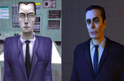 Diese Gegenüberstellung macht den grafischen Quantensprung bei den Spielfiguren deutlich. Links sehen Sie den G-Man im Look des Vorgängers, rechts denselben Charakter in Half Life 2.