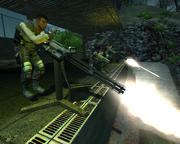 Mit Minigun und Raketenwerfer versuchen Kriegers Soldaten, den Ansturm der Trigens aufzuhalten.