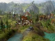 Am Fu&szlig;e eines Berges haben sich unsere ersten Siedler niedergelassen. Beachten Sie die vielfältigen Details, etwa umherstreunende Tiere oder die üppige Vegetation.