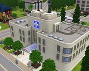 Das St.-Angela-Hospital im Zentrum von Sunset Valley ist die Anlaufstelle für alle Sims, die Doktor spielen wollen. Auch Baumkopf Holzfaust fragt hier nach Arbeit – mit Erfolg. (1)