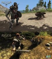 Mit Wölfen bekommen Sie es in beiden Rollenspielen zu tun: Der Hauptheld aus Arcania: A Gothic Tale (oben im Bild) wird vom Entwickler Spellbound noch geheim gehalten, zumindest sein Gesicht. 