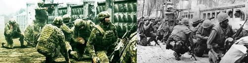 Identische Szene: Links seht ihr einen sogenannten Target-Screenshot zu Operation Flashpoint 2 (Dragon Rising), rechts das Original-Foto, das höchstwahrscheinlich aus dem Vietnamkrieg stammt.