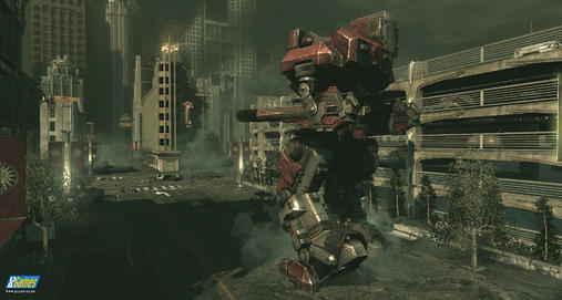 Zwei Mechs beharken sich in engen Straßenschluchten. Das Terrain spielt eine große Rolle. 