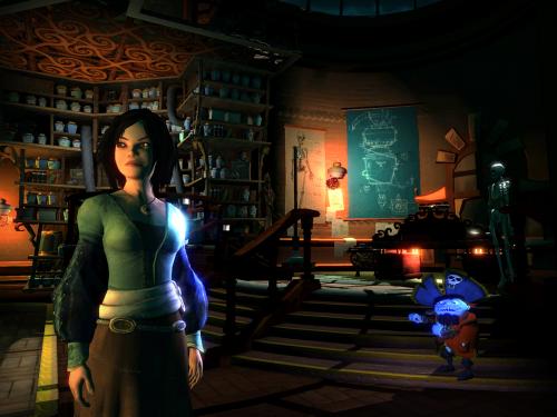 Links im Bild: Mary, die Hauptdarstellerin in Haunted. Rechts: Der Geist Capt'n Oscar. Bitte beachten Sie, dass es sich um Bildmaterial einer sehr frühen (Pre-Alpha!) Version handelt.
