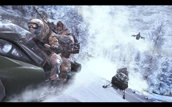 Modern Warfare 2 lässt Sie zum ersten Mal in der Call of Duty-Serie auf einem Vehikel fahren (Panzer ausgenommen). Hier: Schneemobile.