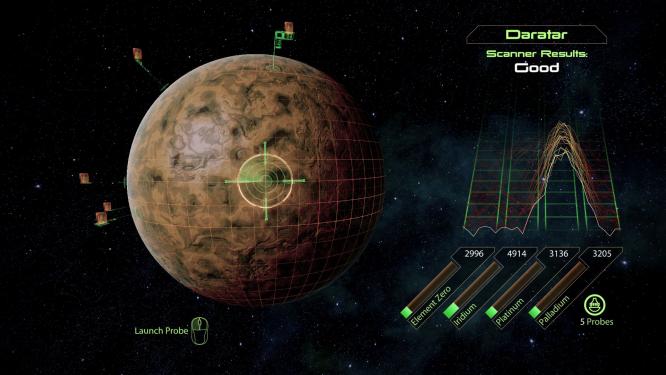 Mit dem Scanner tasten wir Planeten nach Rohstoffen ab. Je weiter die Kurve im Graphen am rechten Bildschirmrand ausschlägt, umso ergiebiger ist das Depot. Anomalien finden wir anhand des kleinen weißen Pfeils im Fadenkreuz.