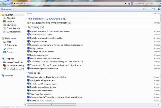 Windows 7 God Mode mit praktischen Shortcuts