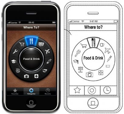 Where to? - Links ist der originale Startbildschirm der Version 1.0 zu sehen, rechts Apples dem Patentantrag beigefügte Skizze. 