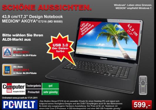 Das neue Aldi-Notebook Akoya E7216 von Medion ist ab heute sowohl in den Nord- also auch den Süd-Filialen des Discounters erhältlich. 
