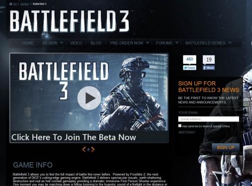 Die angeblich echte Homepage für die Anmeldung zum Betatest von Battlefield 3.