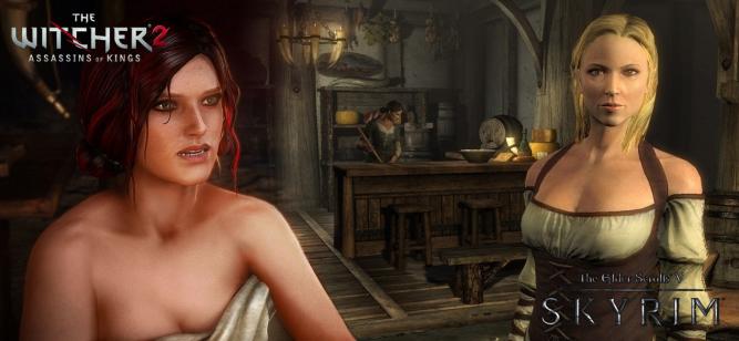 Grafikvergleich zwischen The Elder Scrolls 5: Skyrim (rechts) und The Witcher 2: Assassins of Kings (links). 