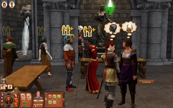 Sims sind auch im Mittelalter gesellige Leute und stets zum Plaudern bereit.