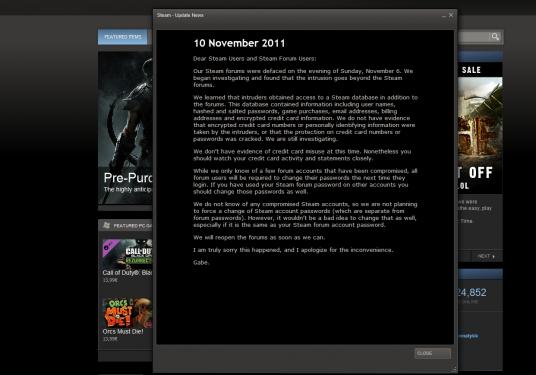Eine Steam-Datenbank wurde Ziel eines Hacker-Angriffs, wie Valve-Chef Gabe Newell in einer Nachricht an Steam-Nutzer bekannt gab.