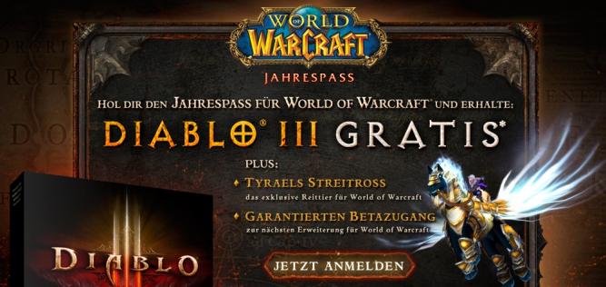 Letzte Chance auf den WoW-Jahrespass: Nur noch heute können sich World-of-Warcraft-Spieler für den Jahrespass von Blizzard regisitieren. Der Abschluss eines 12-Monats-Abos schenkt dem Abonnenten neben dem neuesten Diablo-Ableger, Diablo 3, auch ein exklusives Ingame-Reittier für World of Warcraft.