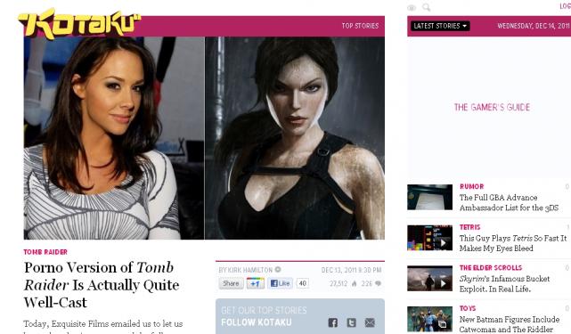 Aufmacher bei Kotaku.com: Tomb Raider XXX, die Pornofilm-Parodie auf Tomb Raider, habe eine 'ziemlich gute Besetzung'.