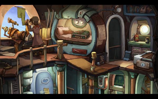 Rufus will Deponia verlassen, doch zuerst muss er seine Check-Liste für sein Gepäck kontrollieren.