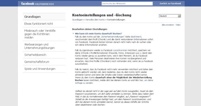 Das Löschen des Facebook-Kontos ist etwas versteckt über den Hilfe-Bereich auffindbar.