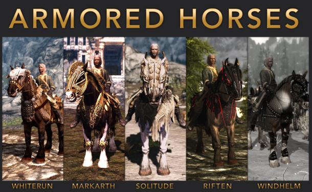 Neue Pferde für Skyrim. Die Mod ersetzt die Standard-Pferde durch Kriegspferde.