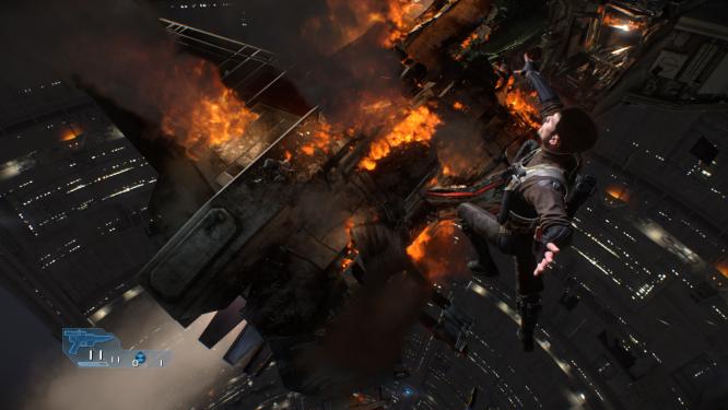 Wie Nathan Drake in Uncharted: Der noch namenlose Held von Star Wars 1313 wird im neuen E3-Gameplay-Trailer von LucasArts durch einen Angriff auf sein Raumschiff gezwungen, auf Wrackteile auszuweichen und an diesen hochzuklettern.