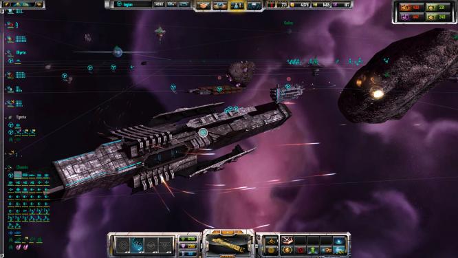 Die neuen Großkampfschiffe der Titanen-Klasse (Bildmitte) aus Sins of a Solar Empire: Rebellion sind gigantisch - rechts daneben zum Vergleich ein winziges Kommandoschi der alten Generation. Titanen sind zwar effektiv, aber nicht übermächtig - das Balancing ist gut und fair.