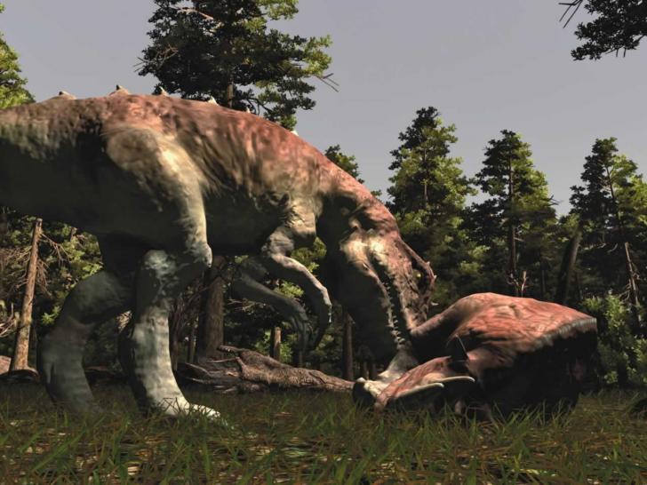 [27/05/05] Jedes Gebiet in Gothic 3 wird von einem m&auml;chtigen Raubtier beherrscht. Hier labt sich ein ausgewachsener Snapper an einem Hornrammer.  