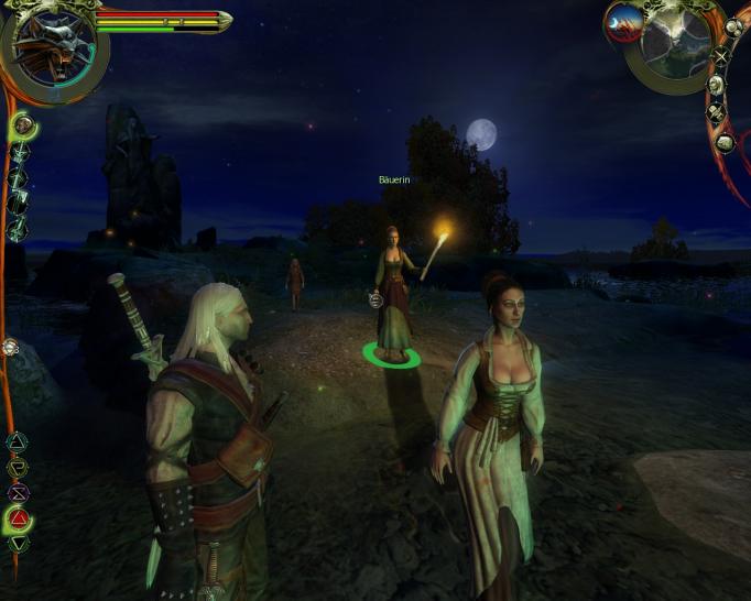 [28/11/07] Dorfbewohner durchschreiten die Nacht mit Fackeln, dahinter dynamische Schatten. Oben leuchtet blass der Mond. Atmosphäre erzeugt The Witcher mit geübtem Händchen.