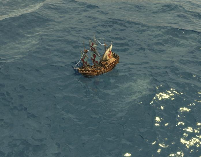 [09/11/08] "Da in Anno 1404 ein Großteil der Welt aus Wasser besteht und die Schifffahrt eine entscheidende Rolle innerhalb des Spiels einnimmt, liegt ein besonderes Augenmerk auf der Darstellung des Wassers. Aber was macht die Darstellung von Wasser so besonders? Zu den wichtigsten Merkmalen zählen unter anderem die Wellenform, die Wellenbewegung, die Reflektion von Licht und die Brechung sowie Absorption von Licht innerhalb des Wassers. Weiterhin existieren innerhalb einer Welt verschiedene Klimazonen, die sich durch unterschiedliche Wellen und Farbgebungen bemerkbar machen. Damit alle diese Merkmale realisiert werden können, muss die Simulation in mehrere Schritte aufgeteilt werden."  Text und Quelle: Sven Janusch von Related Designs 