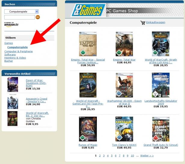 [17/03/09] Klicken Sie zum Beispiel auf "Computerspiele", finden Sie eine große Auswahl an aktuellen Spielen, sowie Dauerbrennern und Budget-Titeln.