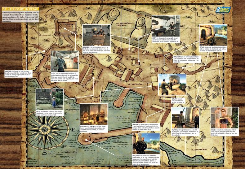 [20/05/09] Die Hafenstadt in Risen: Hier gibt es jede Menge zu tun (zum Vergrößern auf die Lupe klicken).