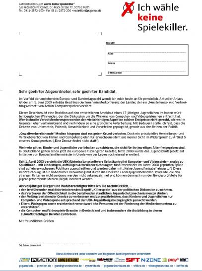 [05/06/09] Anschreiben zur Aktion <<Ich wähle keine Spielekiller>>