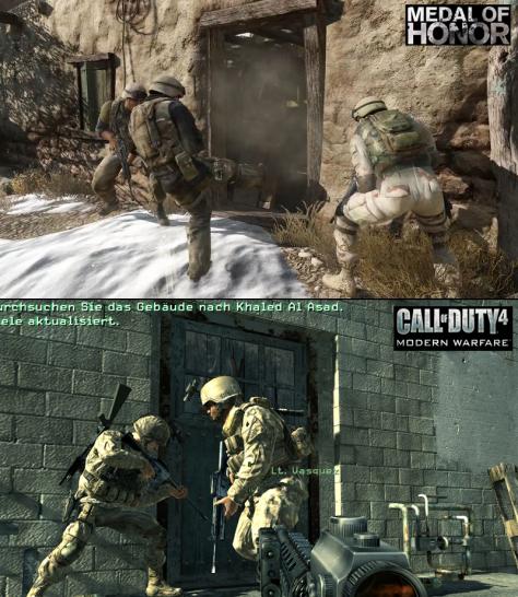 [18/12/09] Kürzlich erschien der Reveal-Trailer von Medal of Honor, der erste Details zu Setting, Grafik und Features des Ego-Shooters preisgab. Wir haben die Gameplay-Szenen des Videos für einen Vergleich mit Modern Warfare 2 und Call of Duty 4: Modern Warfare herangezogen. Über Ähnlichkeiten, mögliche Neuerungen und begründete Spekulationen lesen Sie unterhalb der folgenden Vergleichsbilder.  Türen lassen sich sowohl in Medal of Honor als auch in der Modern Warfare-Serie gewaltsam öffnen. Bei Medal of Honor scheint das klassisch via Fußtritt zu funktionieren (andere Möglichkeiten sind derzeit nicht bekannt), in Modern Warfare kommt ein kleiner Sprengkörper zum Einsatz. Ebenso in Modern Warfare 2 – danach stürmen Sie den entsprechenden Raum jedoch in einer Zeitlupen-Schießerei.