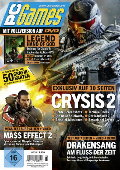 [26/01/10] Die Titelseite der PC Games 02/10: Neben Crysis 2 nehmen die Tests zu Mass Effect 2 und Drakensang: Am Fluss den größten Platz im neuen Heft ein.