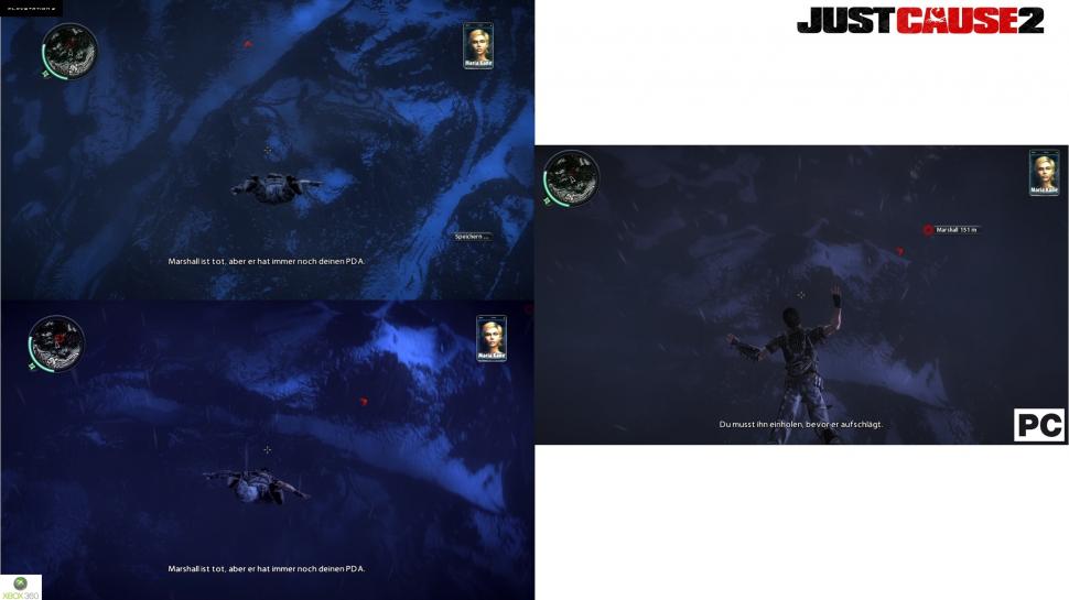 [24/03/10] Mit Hilfe der Test-Versionen für PC, PS3 und Xbox 360 vergleicht PC Games die Grafik von Just Cause 2. Die Screenshots haben alle eine Auflösung von 1280x720 - in der PC-Version drehten wir die Details voll auf. Während Sie die PS3- (oben) und die Xbox-360-Version (unten) an der linken Seite betrachten, haben wir die PC-Version rechts abgebildet. Tipp: Klicken Sie auf "Bild in Originalgröße", um sich die Screenshots in der originalen Auflösung anzuschauen. (2)