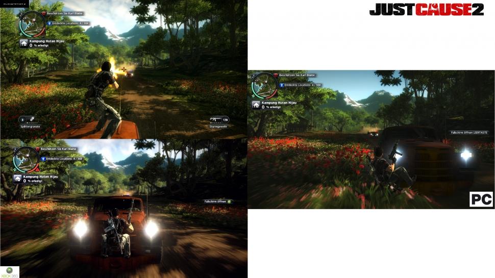 [24/03/10] Mit Hilfe der Test-Versionen für PC, PS3 und Xbox 360 vergleicht PC Games die Grafik von Just Cause 2. Die Screenshots haben alle eine Auflösung von 1280x720 - in der PC-Version drehten wir die Details voll auf. Während Sie die PS3- (oben) und die Xbox-360-Version (unten) an der linken Seite betrachten, haben wir die PC-Version rechts abgebildet. Tipp: Klicken Sie auf "Bild in Originalgröße", um sich die Screenshots in der originalen Auflösung anzuschauen. (1)