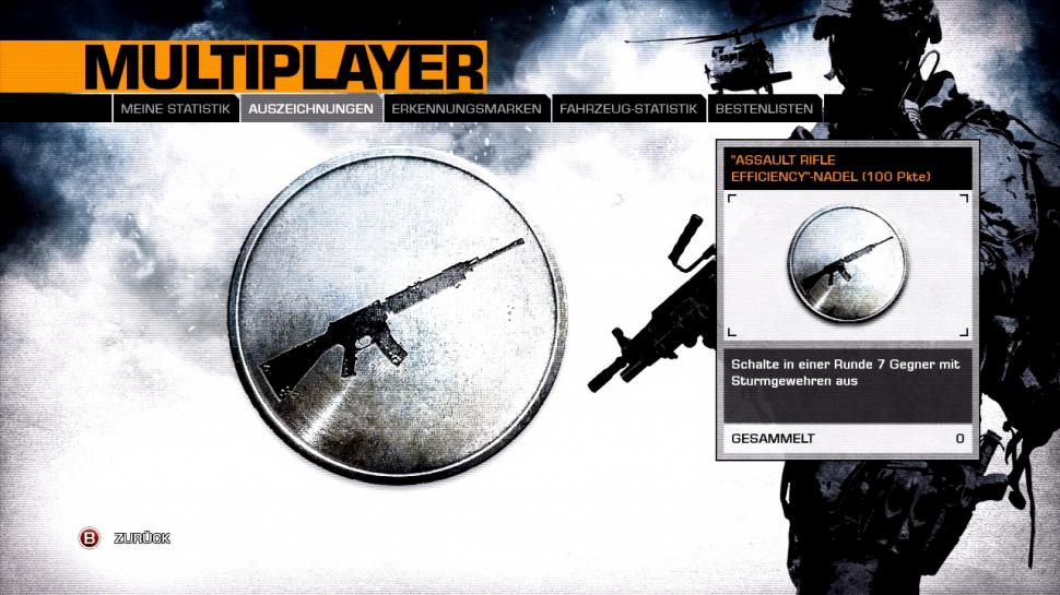 [09/03/10] Battlefield: Bad Company 2 bietet im Mehrspieler-Modus die Möglichkeit, jede Menge Ehrenmedaillen und Insignien freizuspielen. Dafür schalten Sie beispielsweise eine bestimmte Anzahl an Gegnern in Folge oder mit einer speziellen Waffe aus. Außerdem bekommen Sie in Battlefield: Bad Company 2 Insignien oder Ehrenmedaillen für das Heilen von Teamkameraden oder die Zerstörung von Fahrzeugen. Wir zeigen Ihnen alle Battlefield: Bad Company 2-Ehrenmedailllen und -Insignien in einer Galerie.