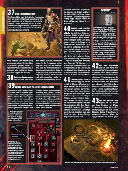 [03/03/10] So sieht der Diablo-3-Artikel im Heft aus: In Kästen erklären wir Besonderheiten des Action-Rollenspiels, während im "Fließtext" die bislang bekannten Fakten präsentiert werden.