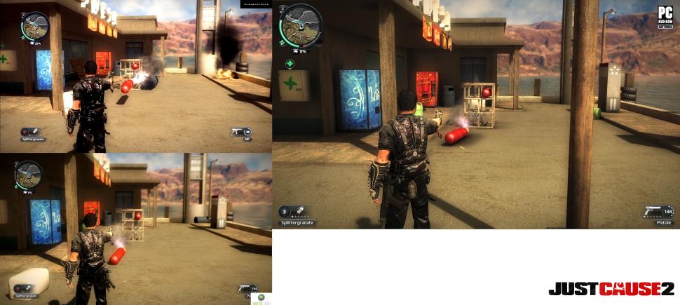 [08/03/10] Anhand der Demos für PC, Xbox 360 und Playstation 3 vergleicht PC Games die Grafik von Just Cause 2. Für die PC-Version drehten wir Auflösung und Details voll auf. Links oben finden Sie den Screenshot aus der PS3-Version, links unten aus der Xbox 360-Variante und rechts gibt's den PC-Screenshot in 1.920 x 1.080. Für die High-Res-Ansicht klicken Sie bitte ins Bild.