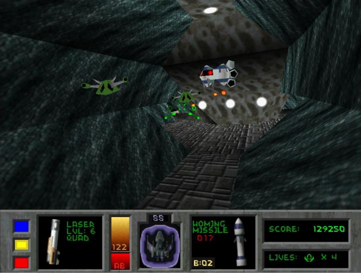 [02/06/10] Descent, 1995 Die Minenroboter aus dem Klassiker Descent agierten seinerzeit ziemlich clever. Neben den klassischen Feinden, die den Spieler sofort mit allen Waffensystemen attackierten, gab es einige Varianten, die nur in Rudeln angriffen und sich in der Unterzahl langsam zurückzogen. Im Nachfolger gab es sogar einen wendigen Gegnertyp, der andere Roboter alamierte und mit Verstärkung zurückkam (Screenshot aus Descent 2).