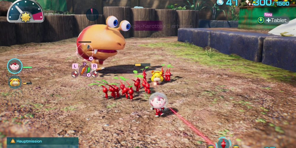 Pikmin 4 Charakter läuft vor einem Käfer weg