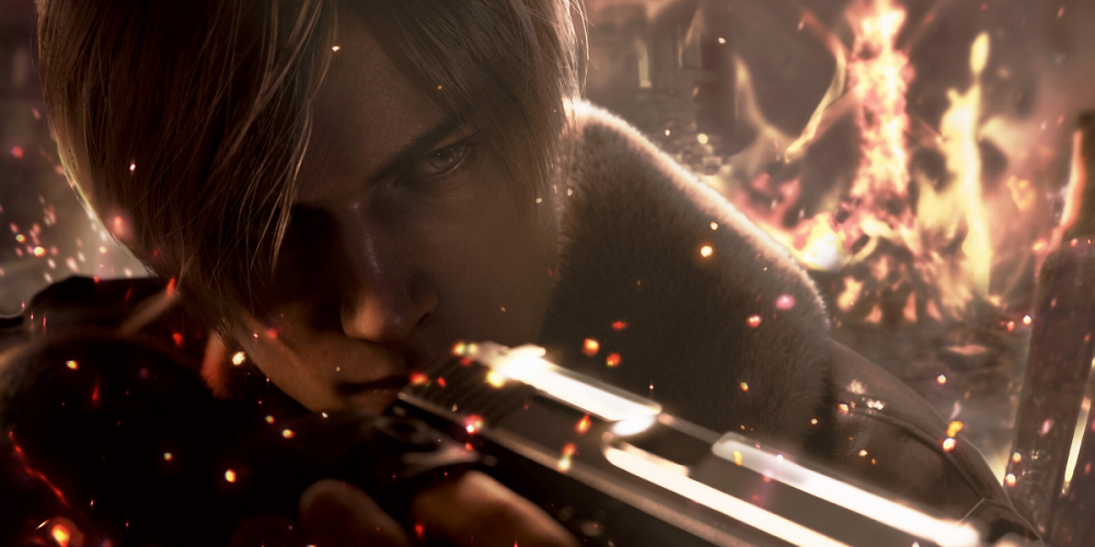 Leon Kennedy hält eine Pistole Richtung Kamera.