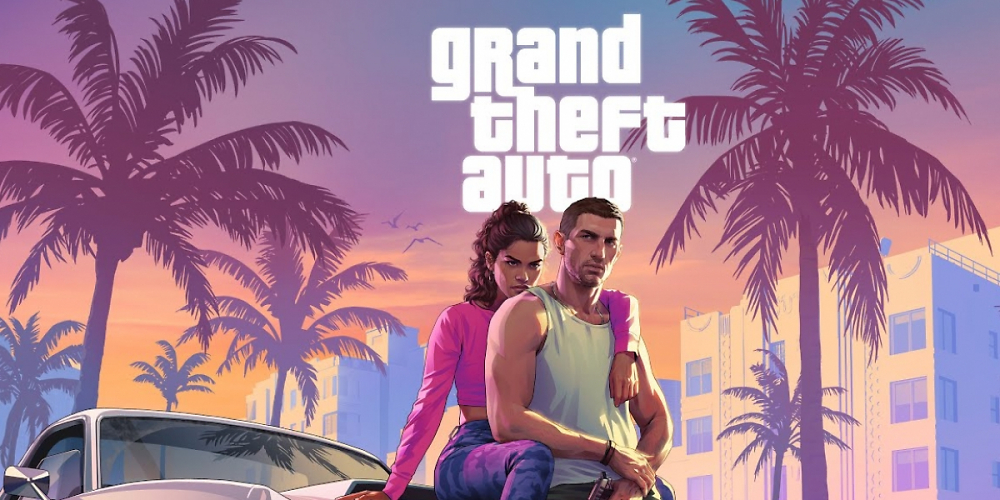 Das Titelbild von GTA 6, auf dem die Charaktere Lucia und Jason auf einem Auto sitzen