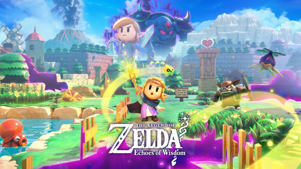 Das offizielle Poster zu Zelda: Echoes of Wisdom: Zelda schwingt im Vordergrund ihren Zauberstab und im Hintergrund sind Link und Ganon zu sehen.