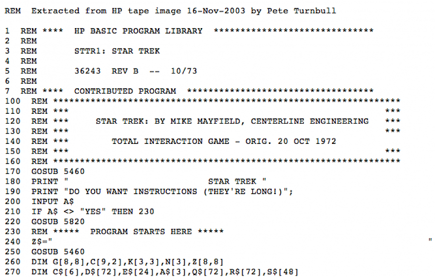 Ein Blick in die Hewlett-Packard-Version des Star-Trek-Listings.