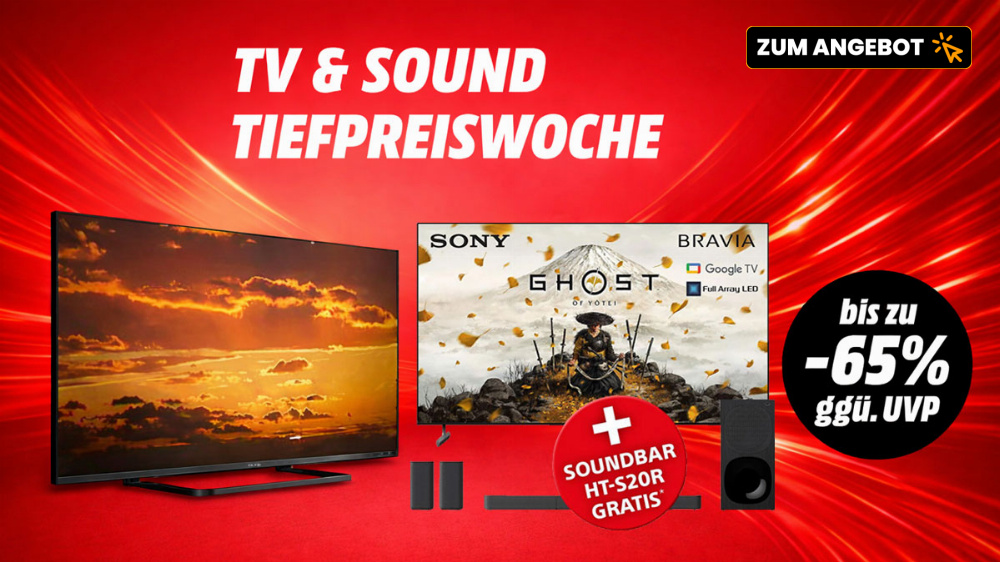 Rabatte bis 65%: Sony TV statt 1.399€ nur 733€ und mit Gratis-Soundbar - starke Fernseher-Deals bei MediaMarkt