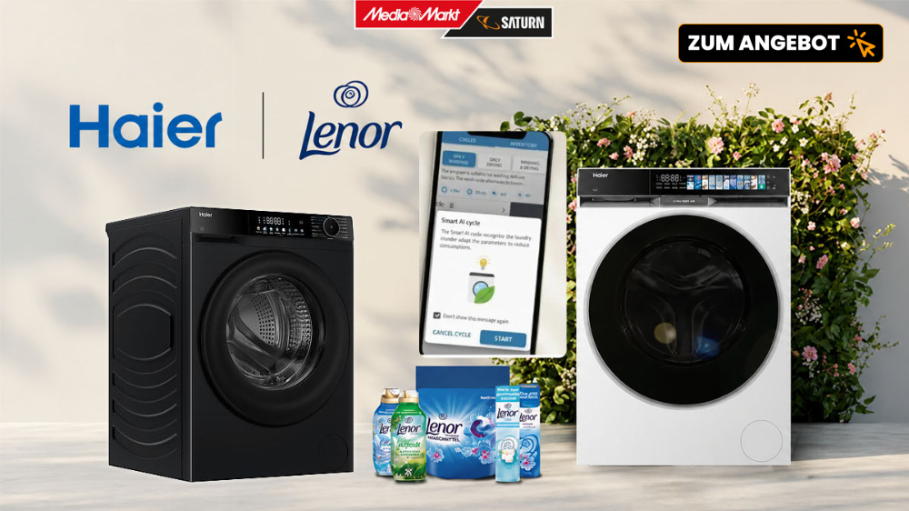 Bis zu 250 Euro sparen und gratis Lenor-Zugabe sichern bei smarten Haier-Waschmaschinen & -Trocknern