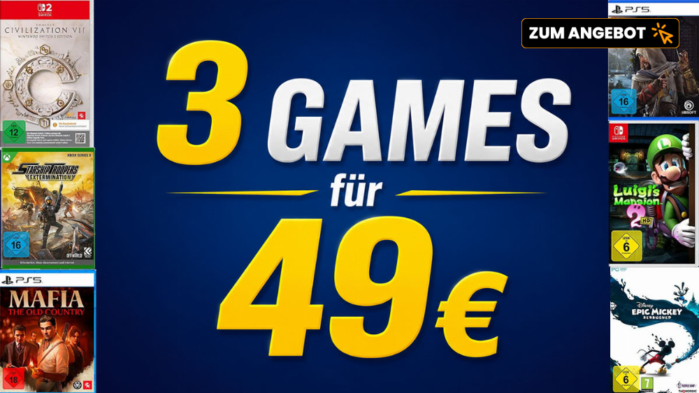 Rechnerisch 1-2 Spiele gratis: 3 Games für 49€ bei MediaMarkt - PS5, Switch (2), Xbox & PC