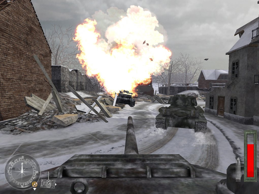 Panzerlauf aus der Egoperspektive und zerstörter Panzer davor
