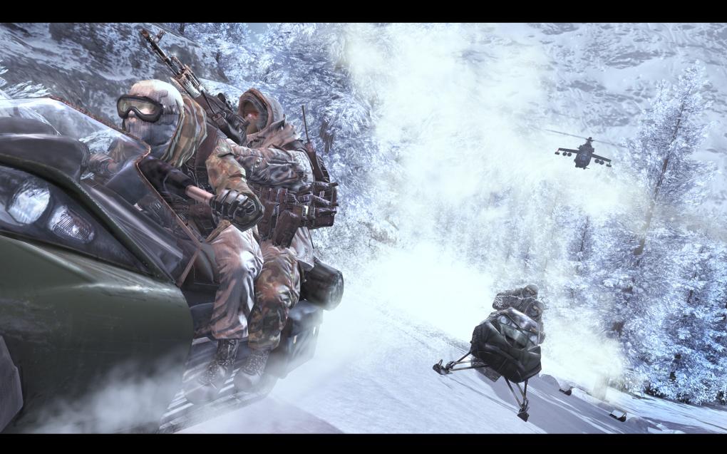 Modern Warfare 2 lässt Sie zum ersten Mal in der Call of Duty-Serie auf einem Vehikel fahren (Panzer ausgenommen). Hier: Schneemobile.